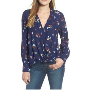draped boho Blouse Long sleeve high-low Navy Floral semi-sheer Top size medium